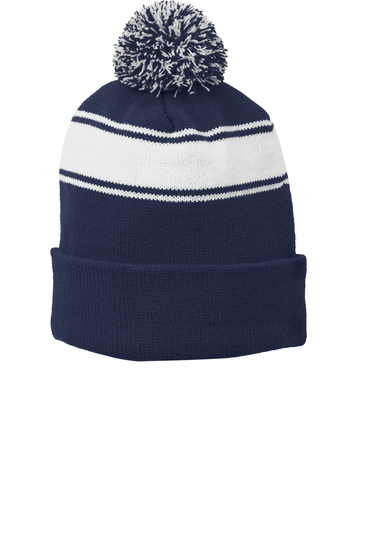Stripe Pom Pom Beanie w/ front embroidered