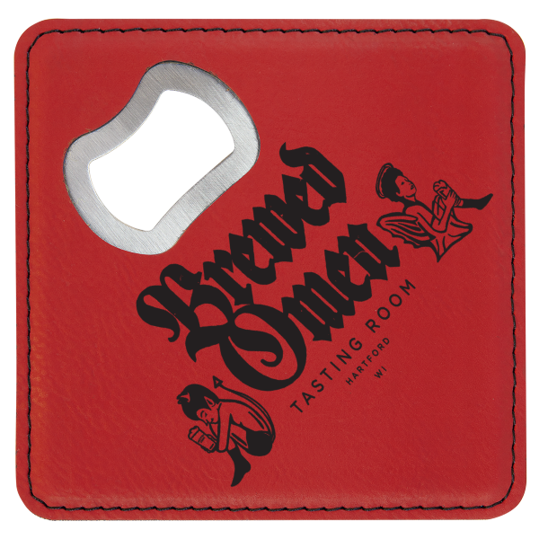 C2-4" x 4" Square Red Lasered Leatherette Bottle Opener Coaster