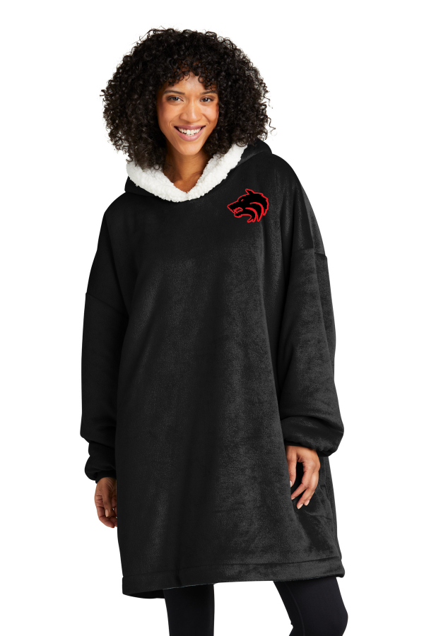 Mountain Lodge Wearable Blanket with an embroidered logo on the left chest.