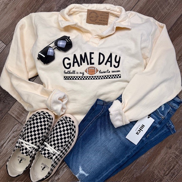 Game Day Embroidered Polo Collar Sweatshirt
