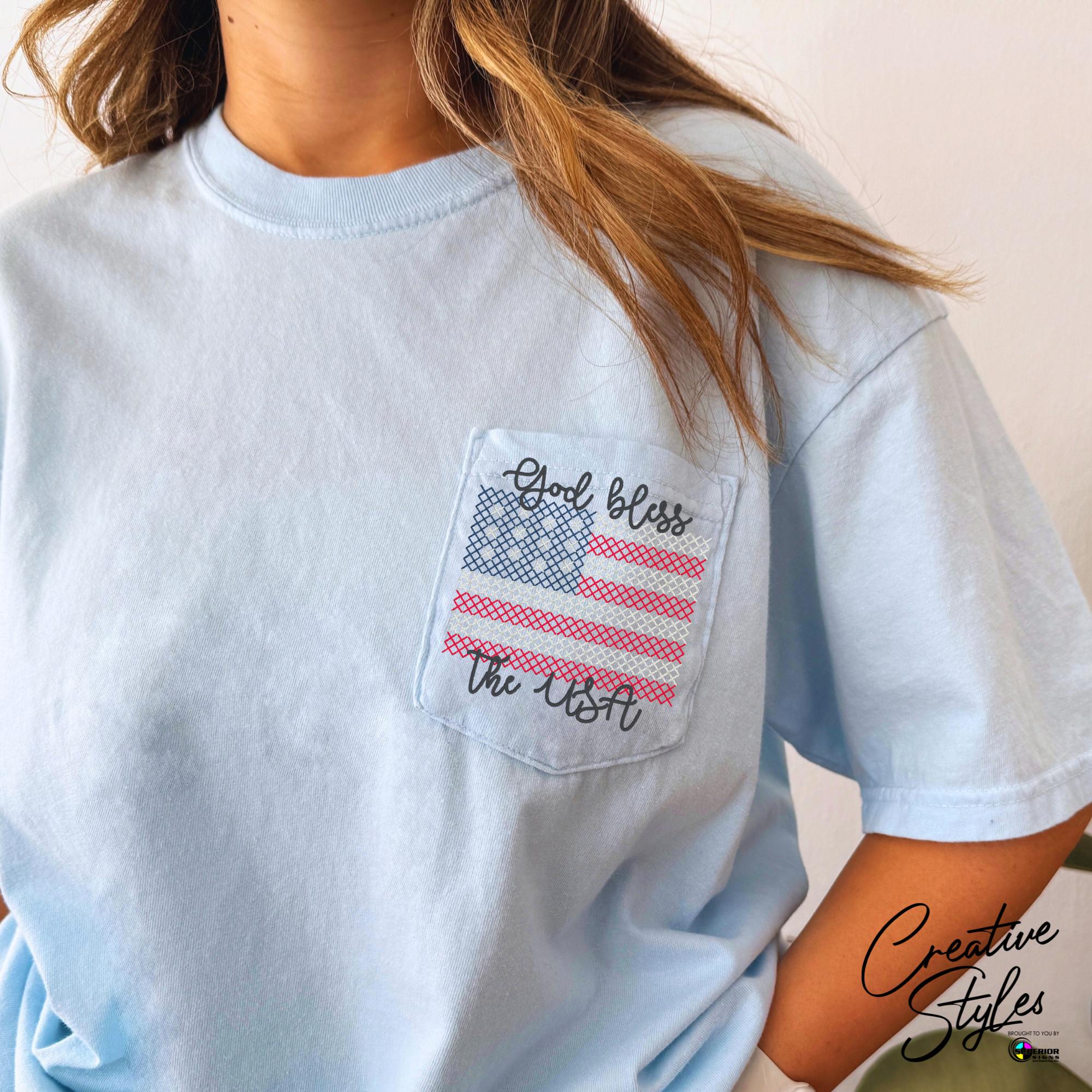 God Bless the USA Embroidered Pocket Tee