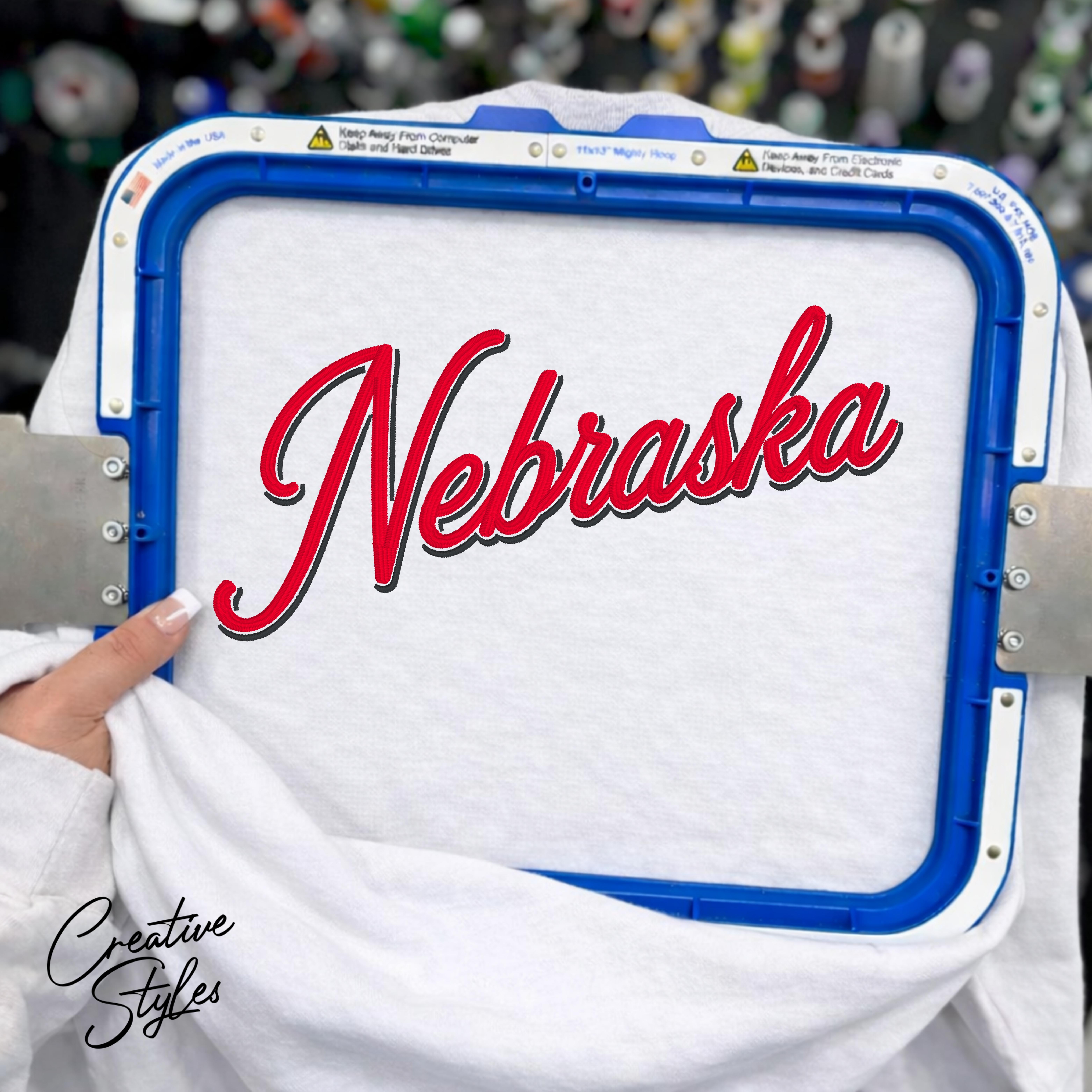 Nebraska Shadow Script Embroidered Crewneck Sweatshirt