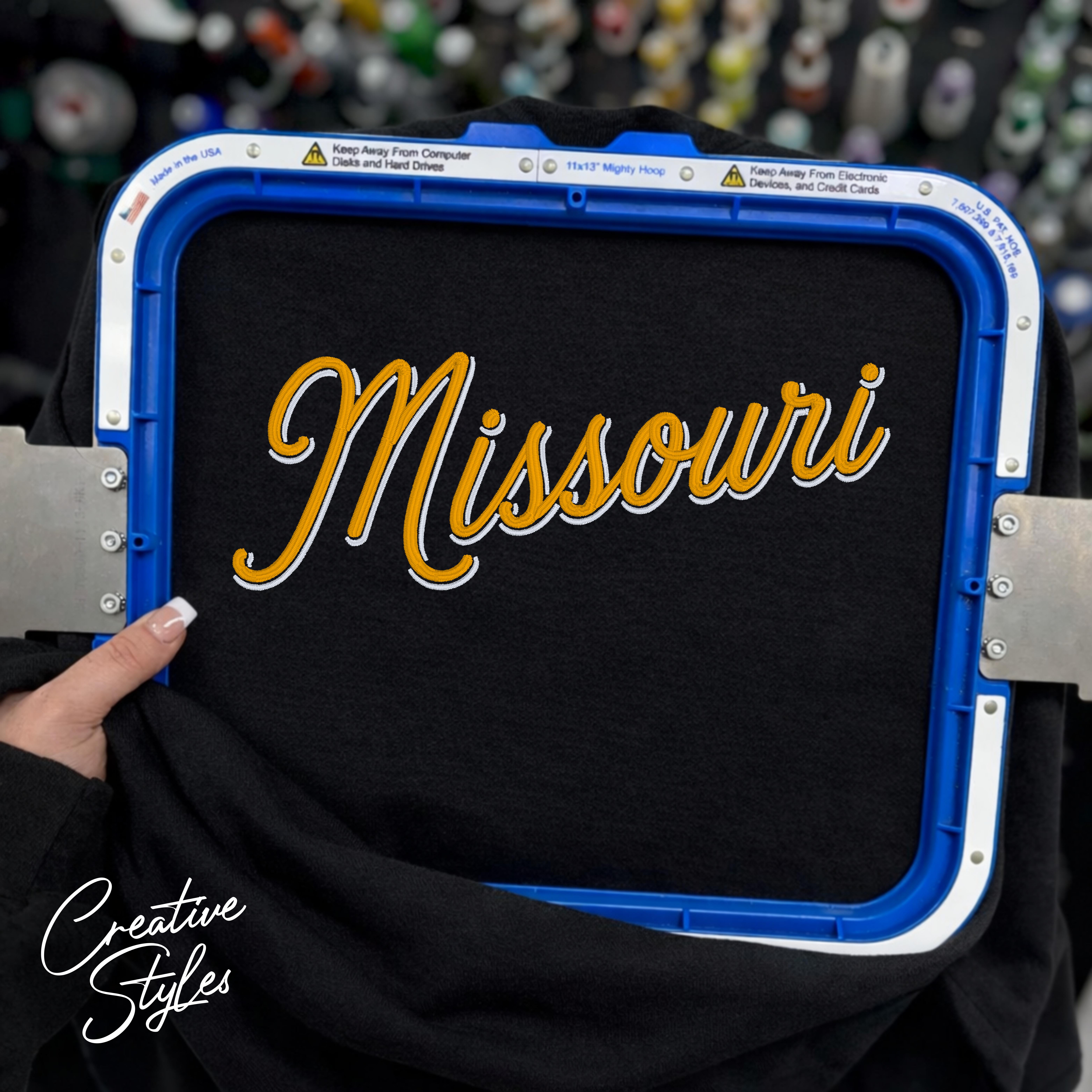 Missouri Shadow Script Embroidered Crewneck Sweatshirt
