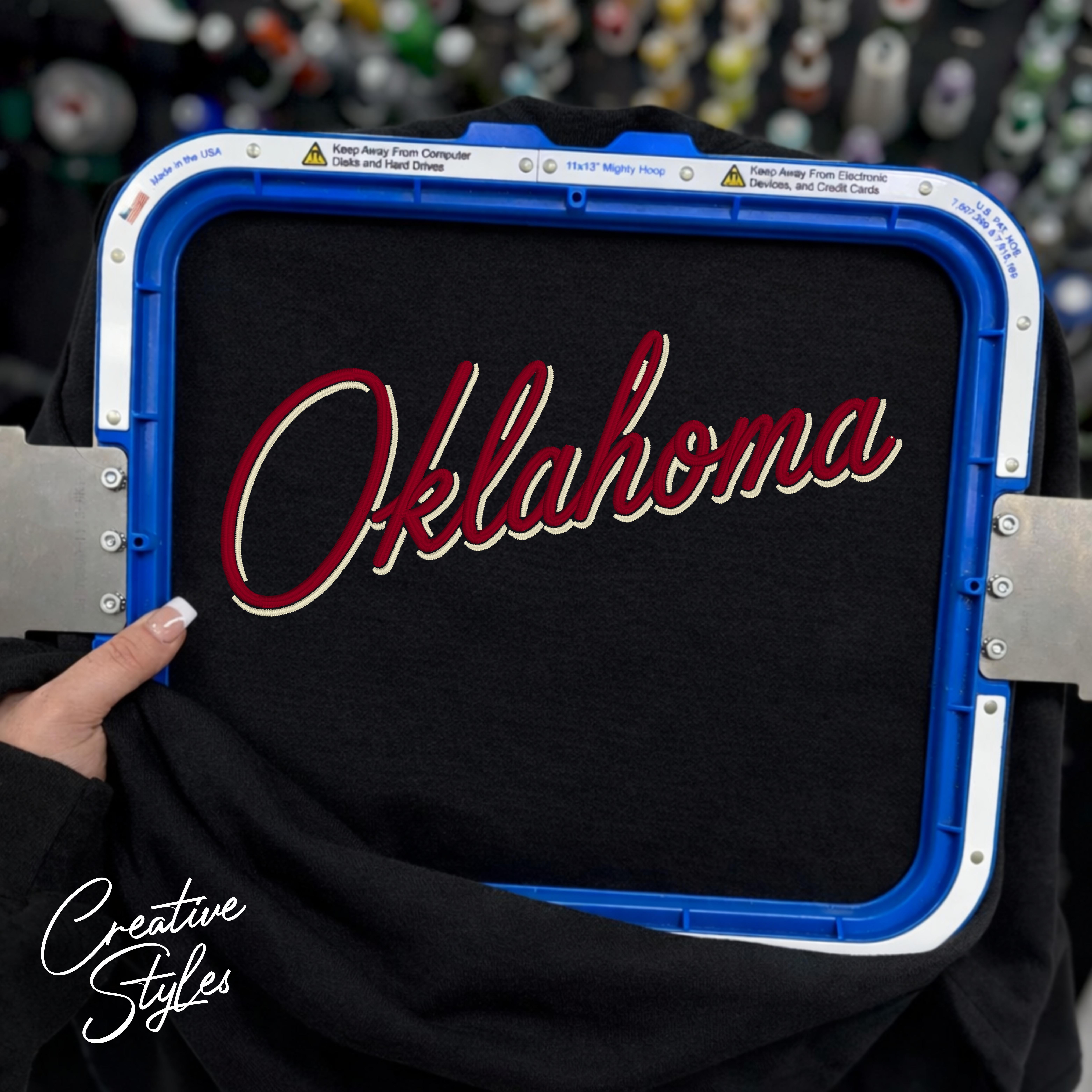 Oklahoma Shadow Script Embroidered Crewneck Sweatshirt