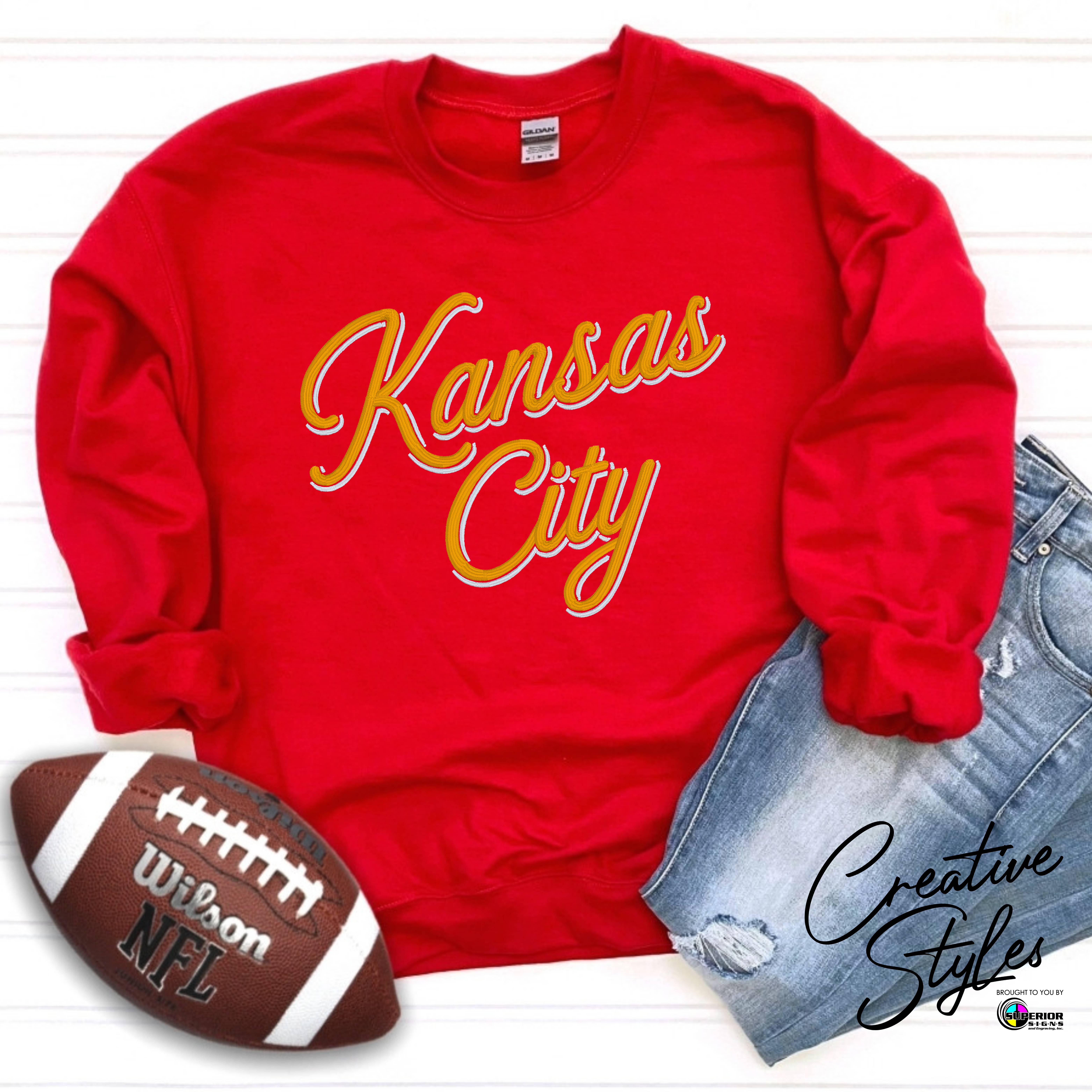 Kansas City Shadow Script Embroidered Crewneck Sweatshirt