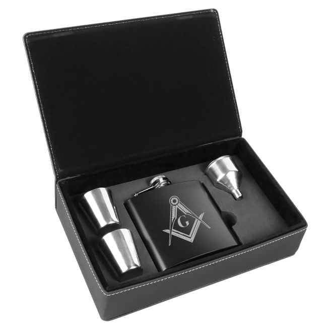 6oz Black Stainless Steel Flask Set in Leatherette Box