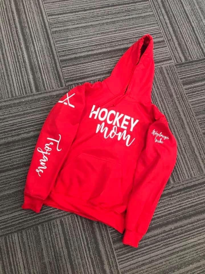 "Hockey Mom" with Trojans & sticks on sleeve" Softstyle Hooded Sweatshirt