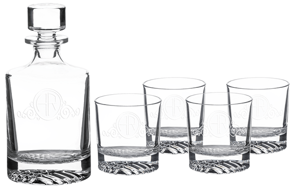 850ML Round Glass Decanter with 4 9oz. Rocks Glasses with Foamed Lined Gift Box
