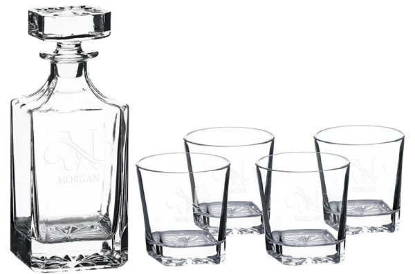 750 ML Square Glass Decanter with 4 Rocks 11 oz. Glasses with Foam Lined Gift Box