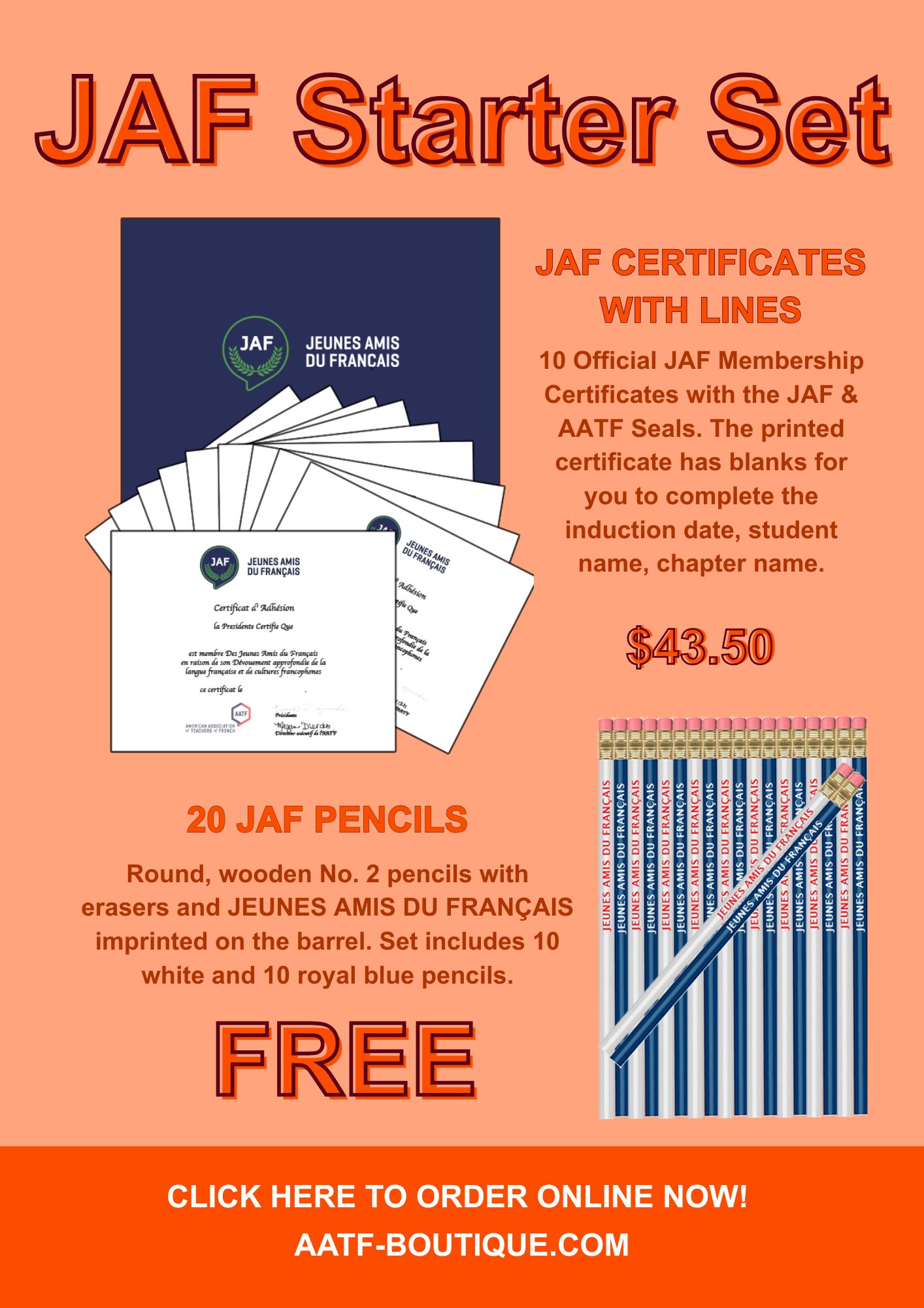 SPECIAL 7: JAF CERTIFICATES WITH LINES AND 20 FREE JAF PENCILS