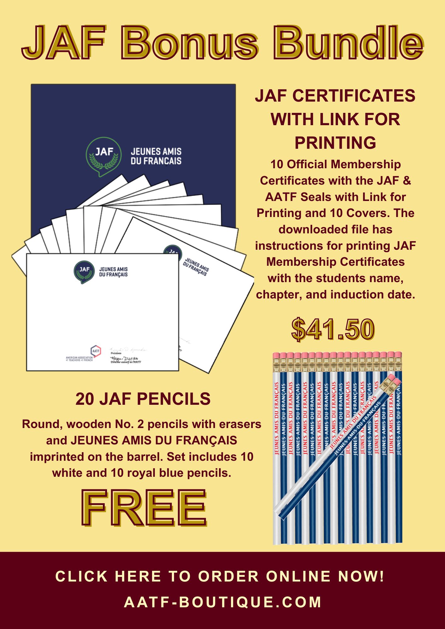 SPECIAL 8:  JAF CERTIFICATES WITH LINK FOR PRINTING WITH 20 FREE JAF PENCILS