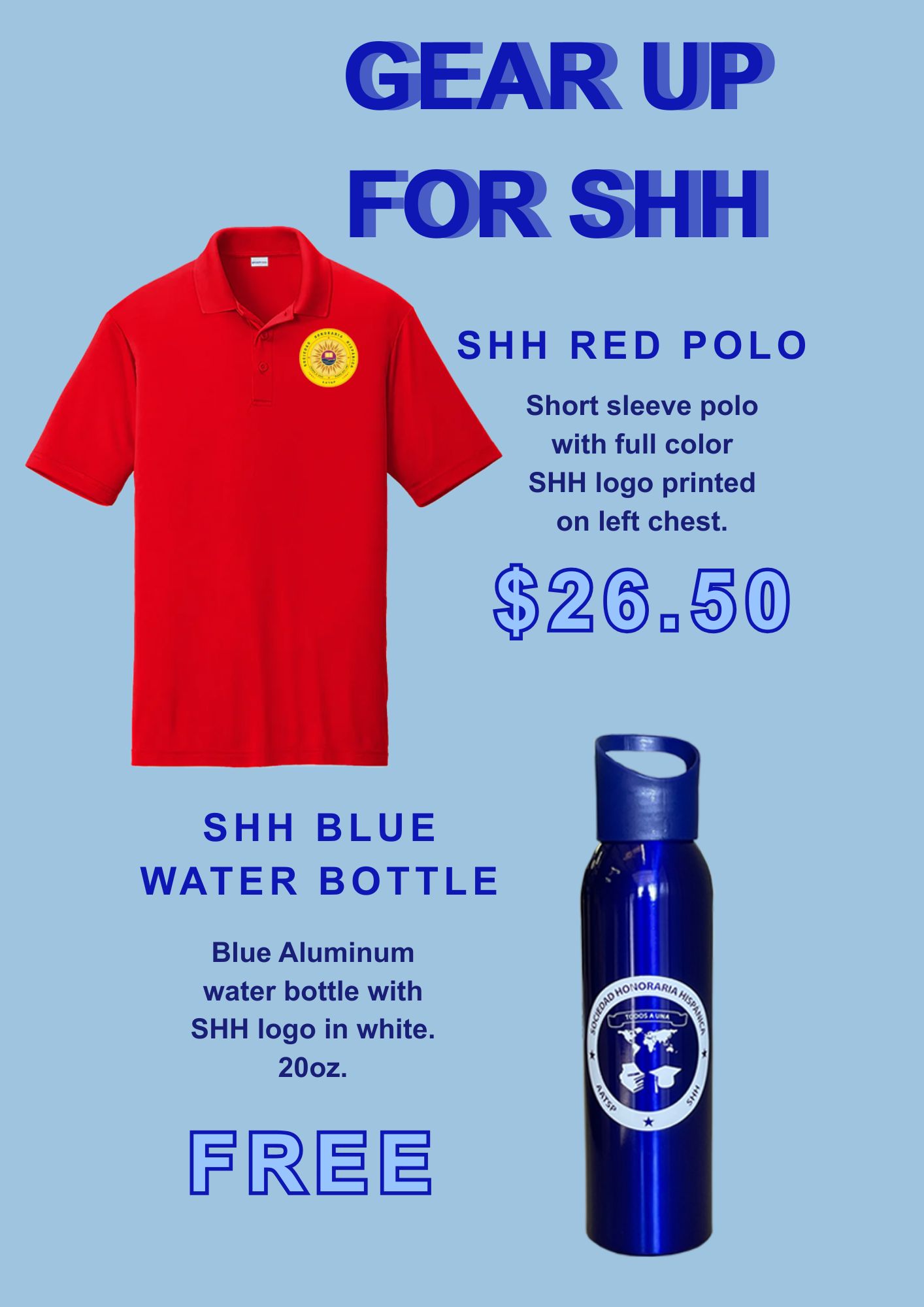 SHH RED POLO AND SHH BLUE WATER BOTTLE