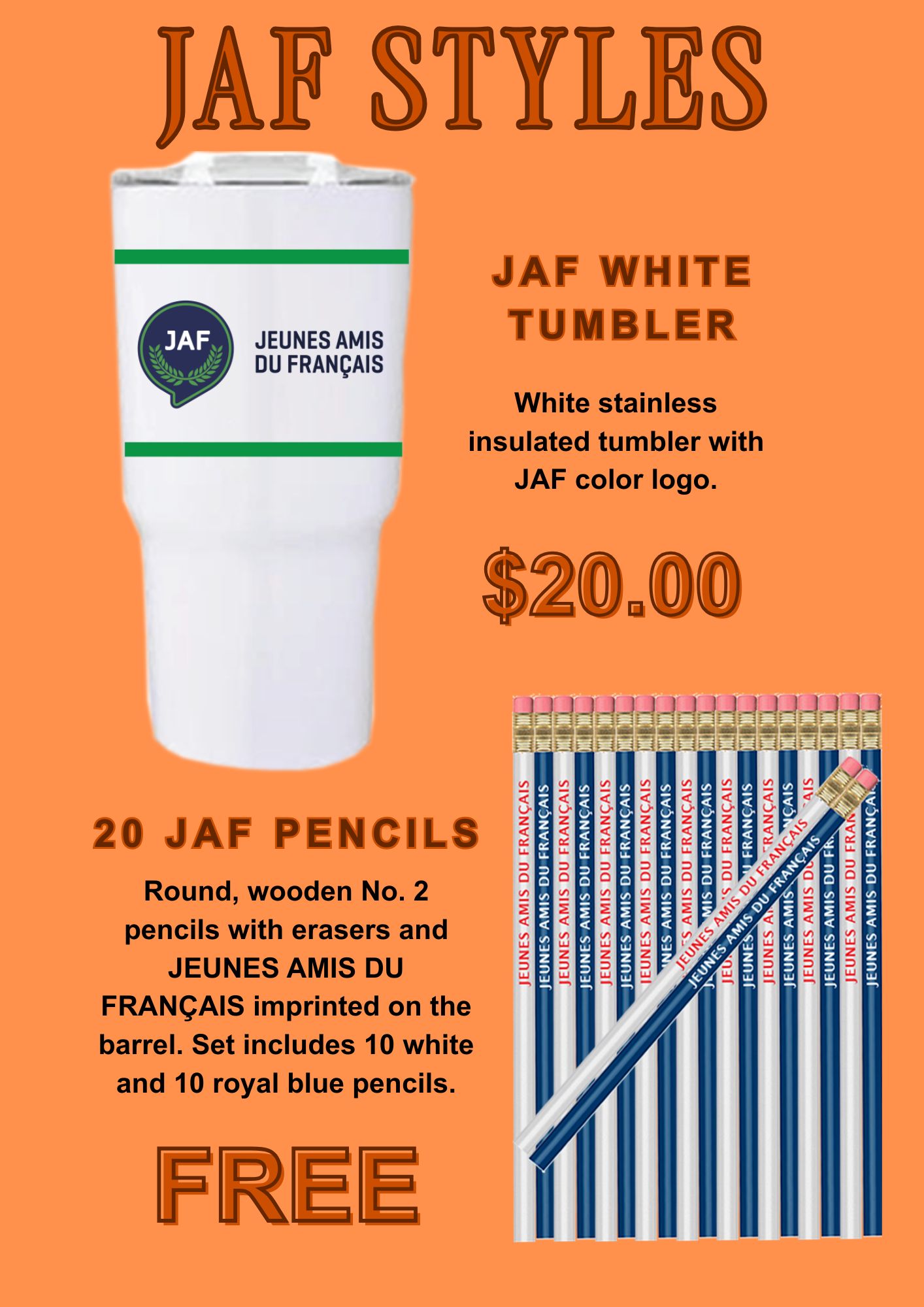 JAF WHITE TUMBLER WITH FREE PENCILS