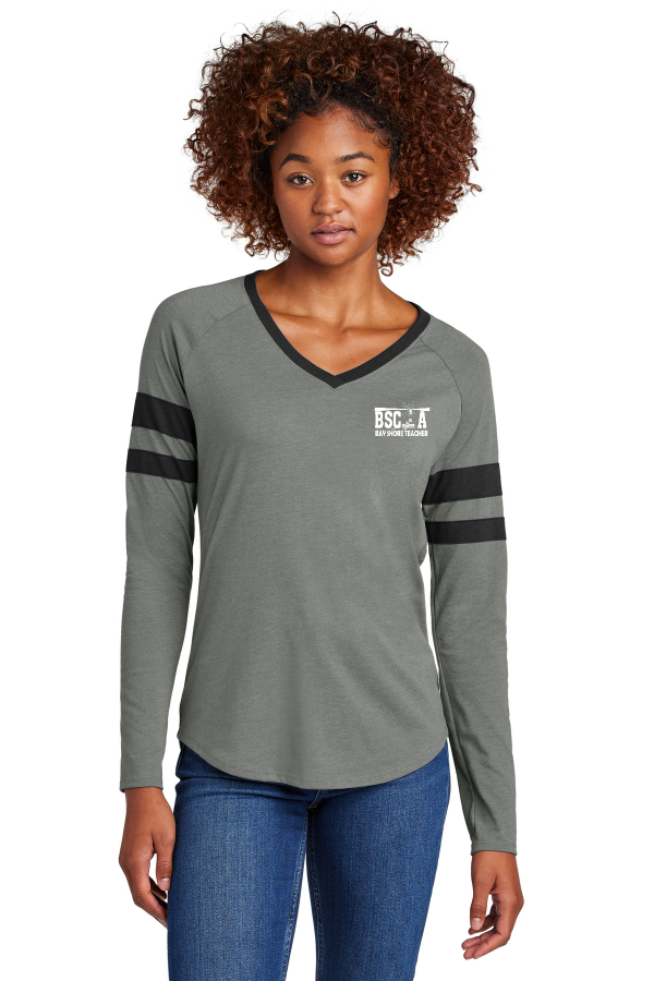 Ladies Halftime Stripe Long Sleeve V-Neck Tee (LST6043)