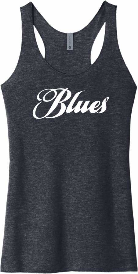 Ladies FITTED Racerback Tank NL6733 w/ Cursive Blues Text
