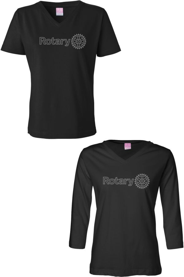 BLING!! Ladies Tee w/ Rotary Rhinestone Logo Long Sleeve SS V-Neck LPC381V or 3/4 Sleeve DM107L