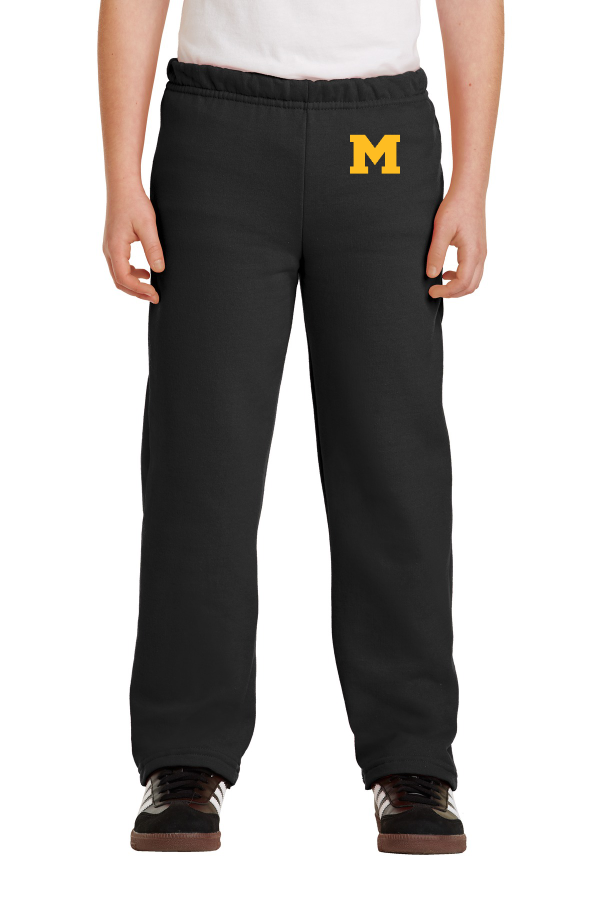 Embroidered Youth Heavy Blend Open Bottom Sweatpants with Moorestown M on left thigh