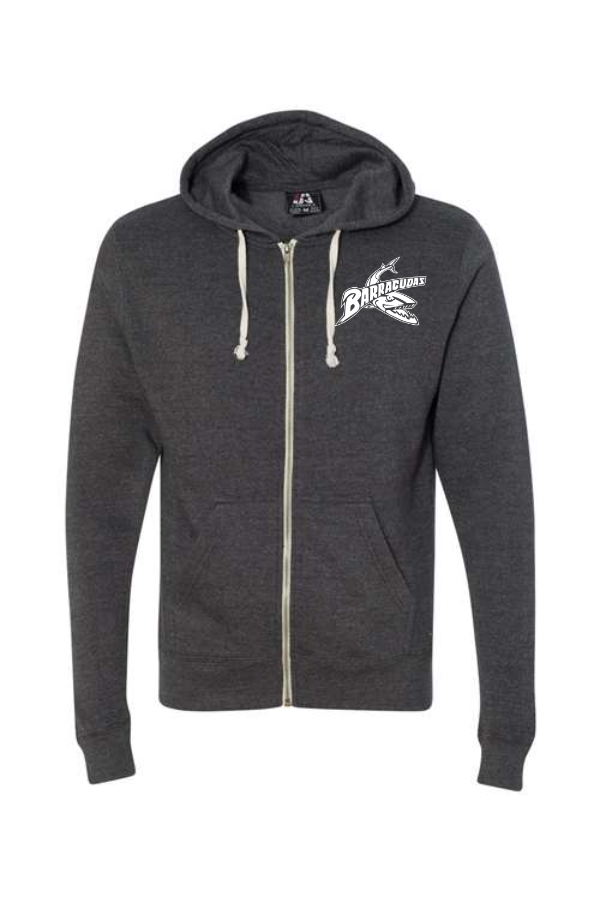 Embroidered Adult Unisex Triblend Full Zip Hooded Sweatshirt with Barracuda on left chest