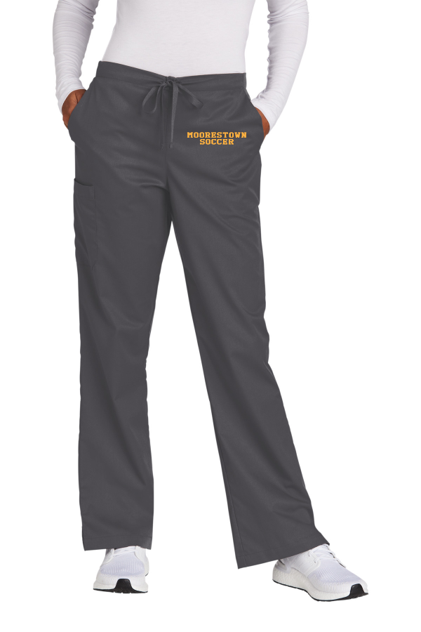 Embroidered WonderWink Women s WorkFlex Flare Leg Cargo Pant with Moorestown Soccer on left thigh