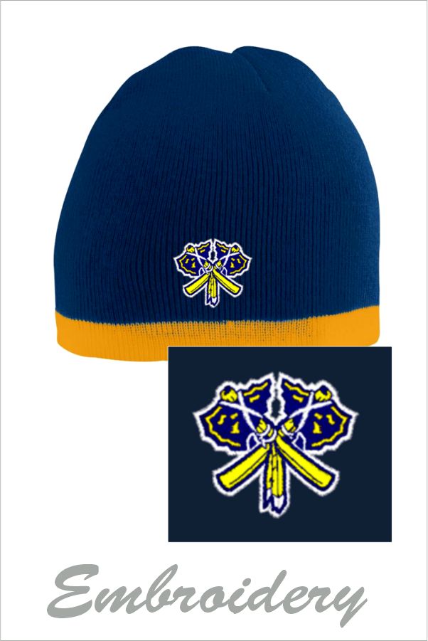 26 Augusta 6820 Two Tone Knit Beanie Navy / Light Gold with Embroidery