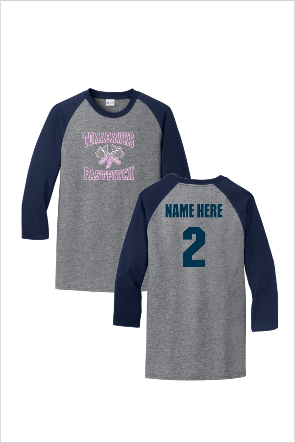005 Port & Co PC55RS CVore Blend 3/4 Sleeve Ragland Tee  Athletic Heather/Navy with Front Print