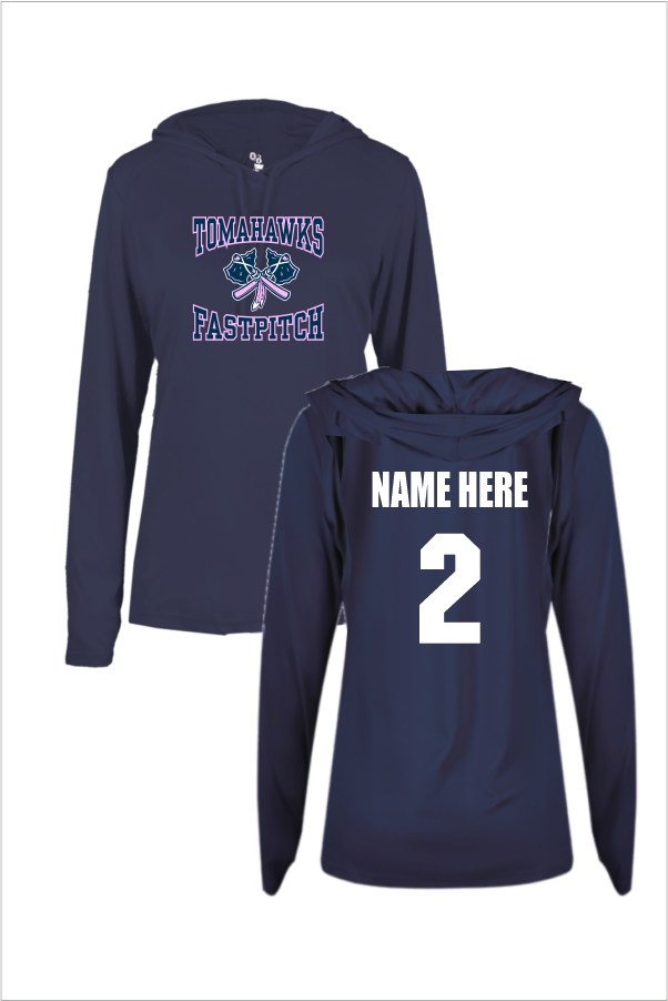 009C 416500 Badger LS Womens Hood Tee Navy with Front Print