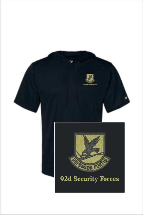 39 Badger 4123 BCore Performance Hooded TShirt 100% Poly SS Black with 2 Color Left Chest Print