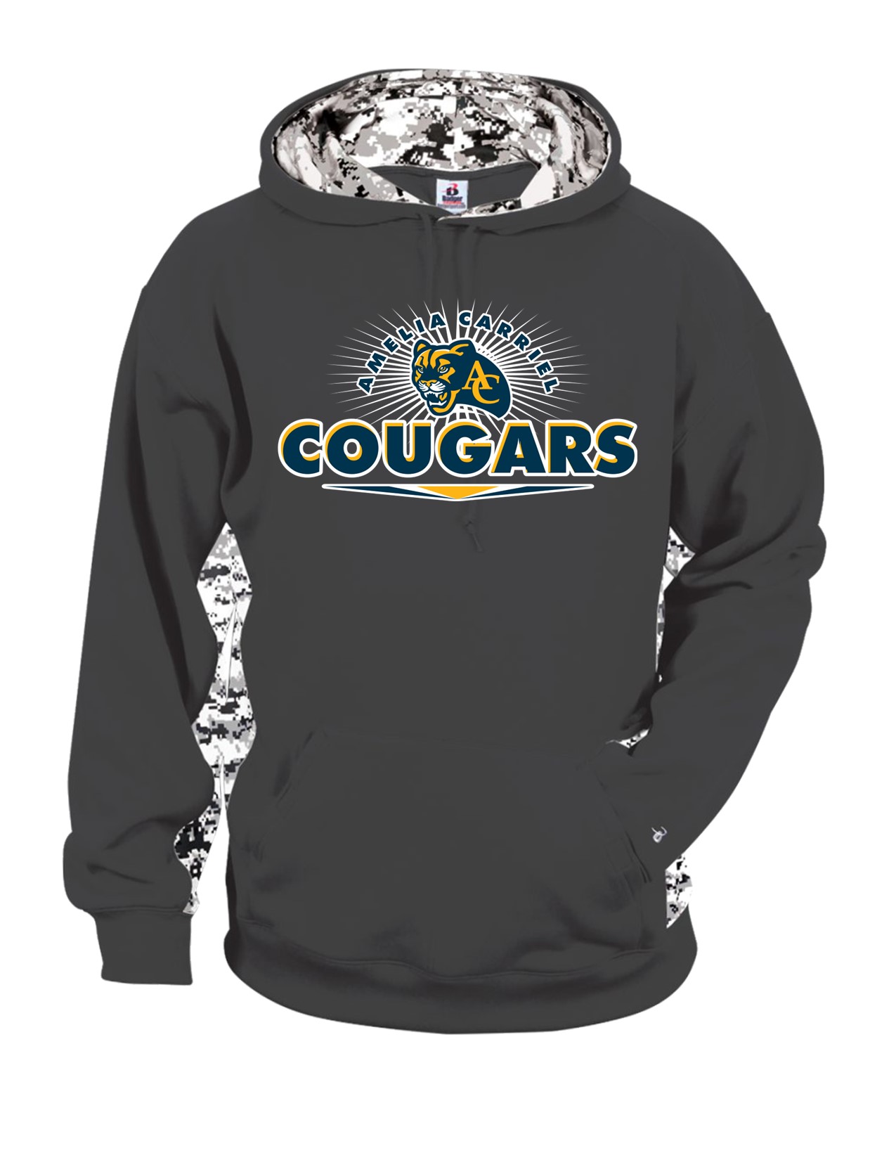 80a Badger 2464 Youth Digital Camo Colorblock Performance Fleece Hooded Sweatshirt with Front Print