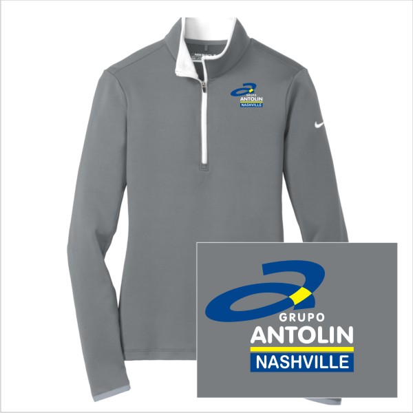 15 779796 Nike Ladies Dri Stretch 1/2 Zip Coverup Dark Grey/White with Left Chest Embroidery