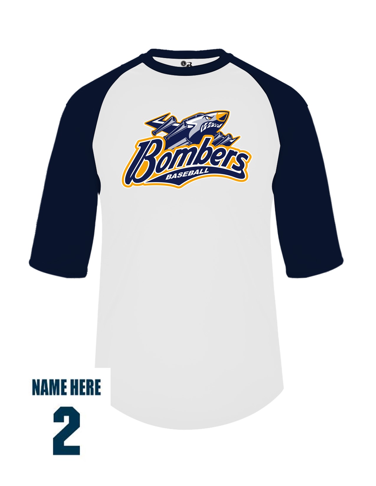 41a Badger 4133 Adult Baseball 3/4 Tee with Bombers Plane Logo