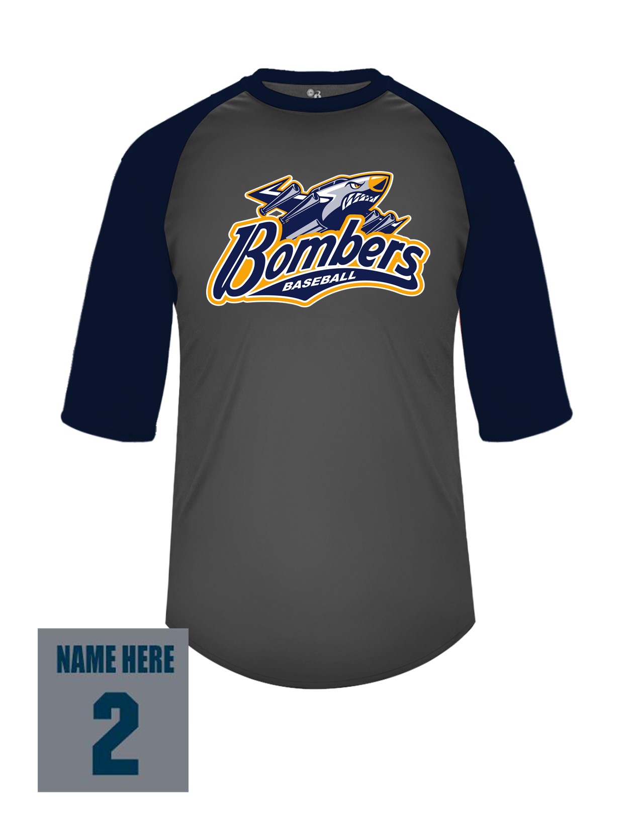 42a Badger 2133 Youth Baseball 3/4 Tee with Bombers Plane Logo