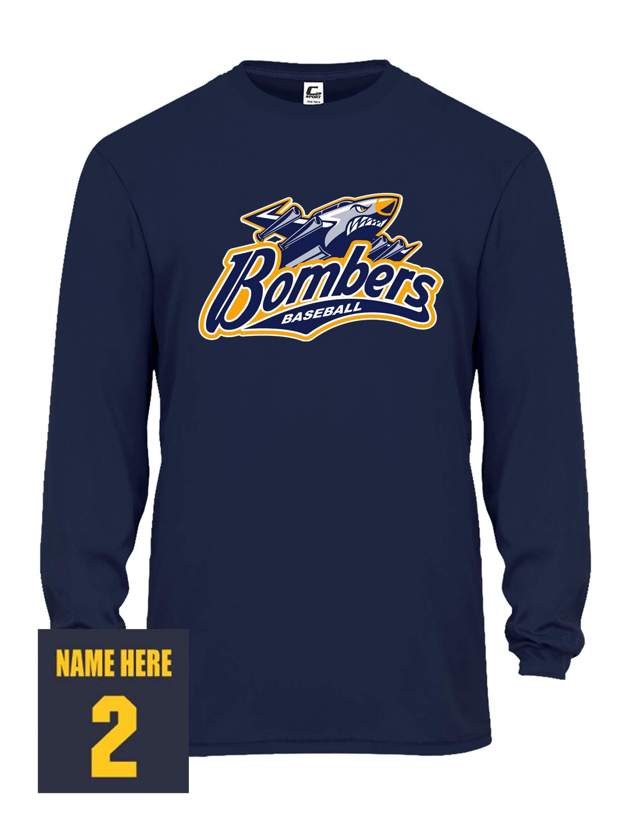 56a Badger 5104 Adult C2 Performance 100% Poly Long Sleeve T-Shirt with Bombers Plane Logo