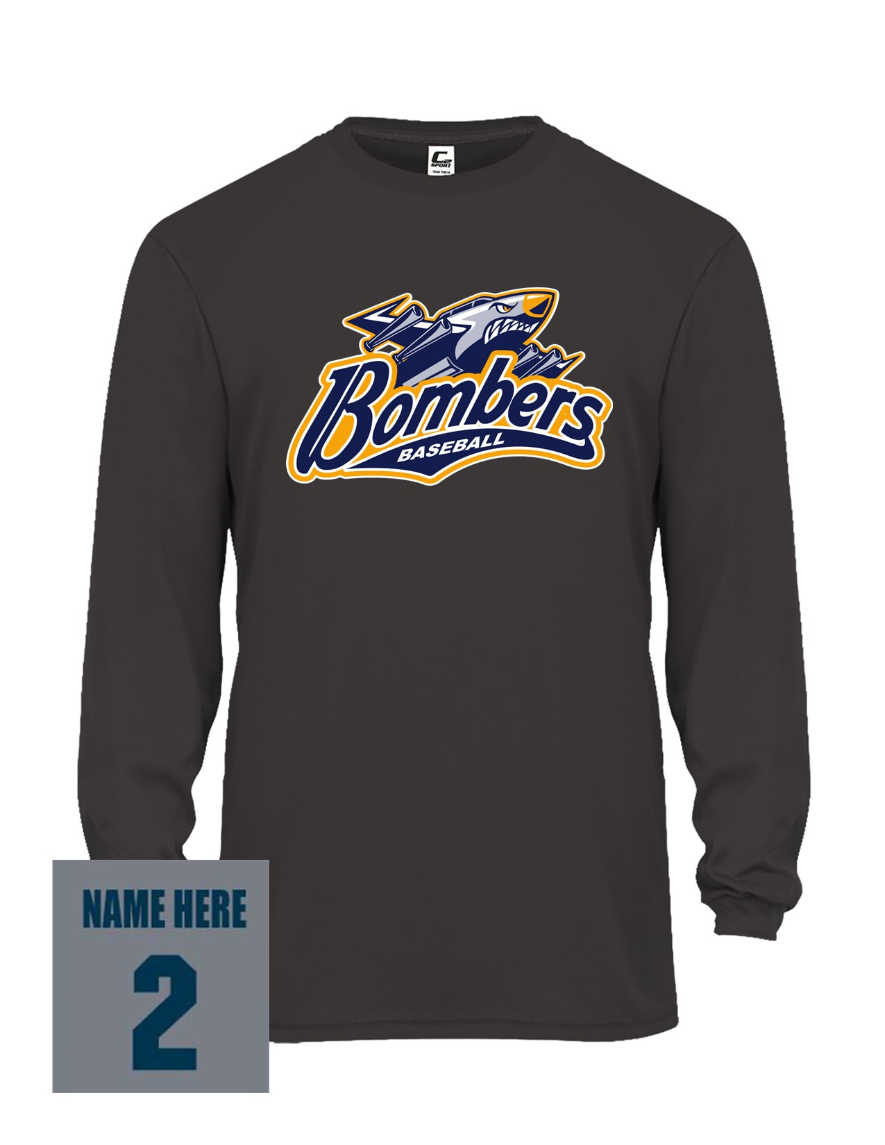 57a Badger 5204 Youth C2 Performance 100% Poly Long Sleeve T-Shirt with Bombers Plane Logo