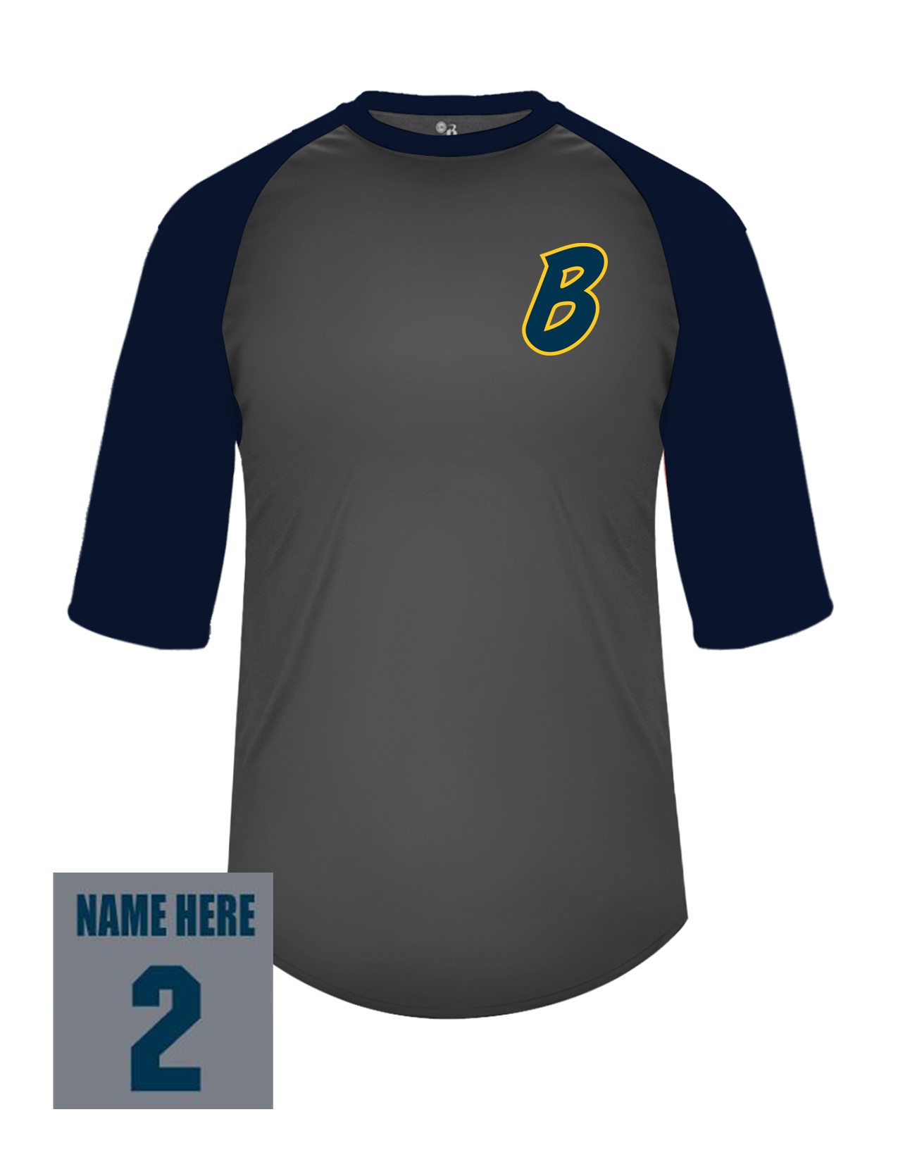 41b Badger 4133 Adult Baseball 3/4 Tee with Bombers "B" LC Logo