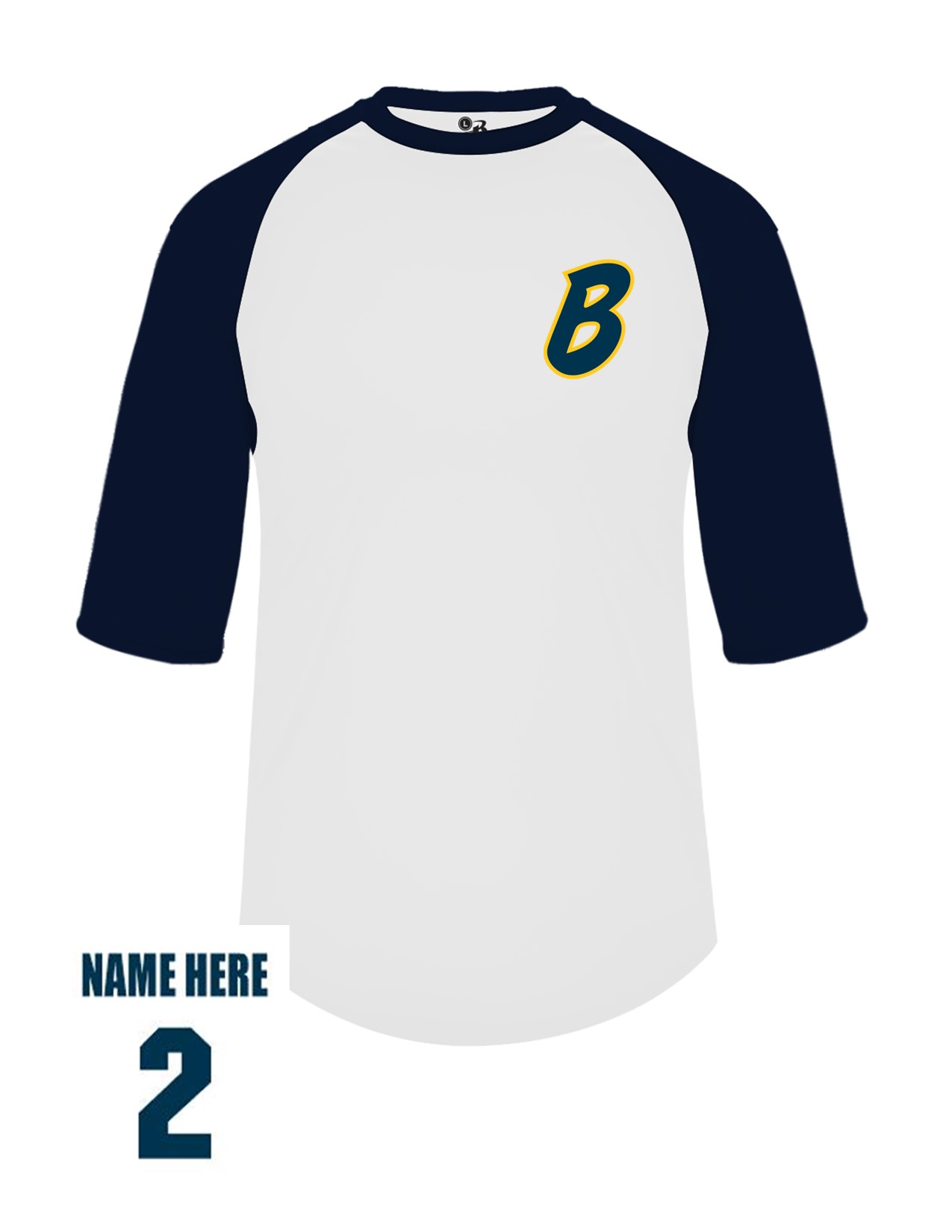 42b Badger 2133 Youth Baseball 3/4 Tee with Bombers "B" LC Logo