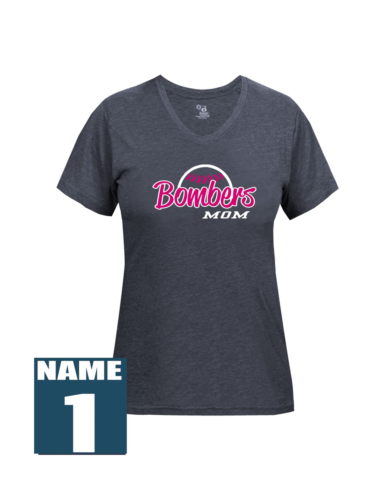 23f Badger 4962 Women's Tri-Blend Short Sleeve Tee with Mom's Bomber Front Print