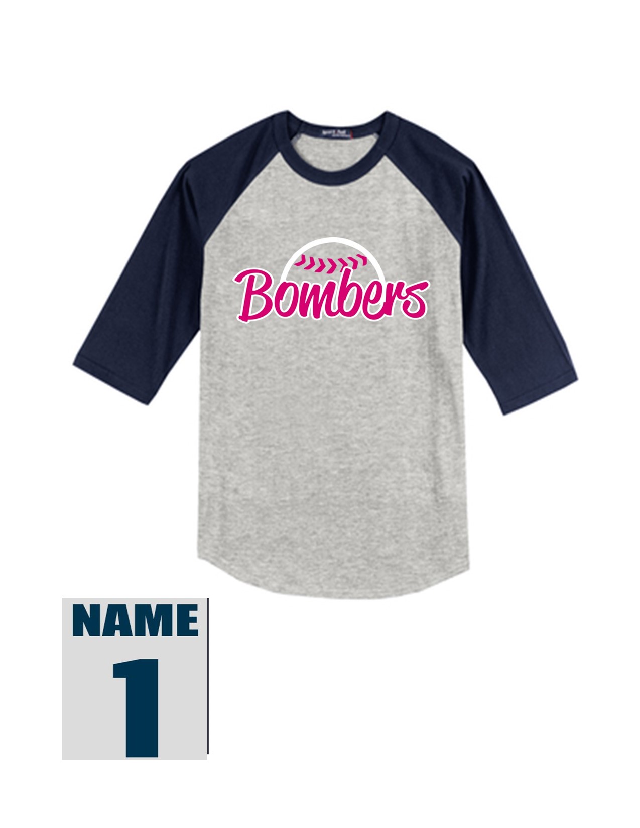 49e Sport-Tek T200 Adult Baseball 3/4 Raglan 100% Cotton Shirt with Ladies Bomber Front Print