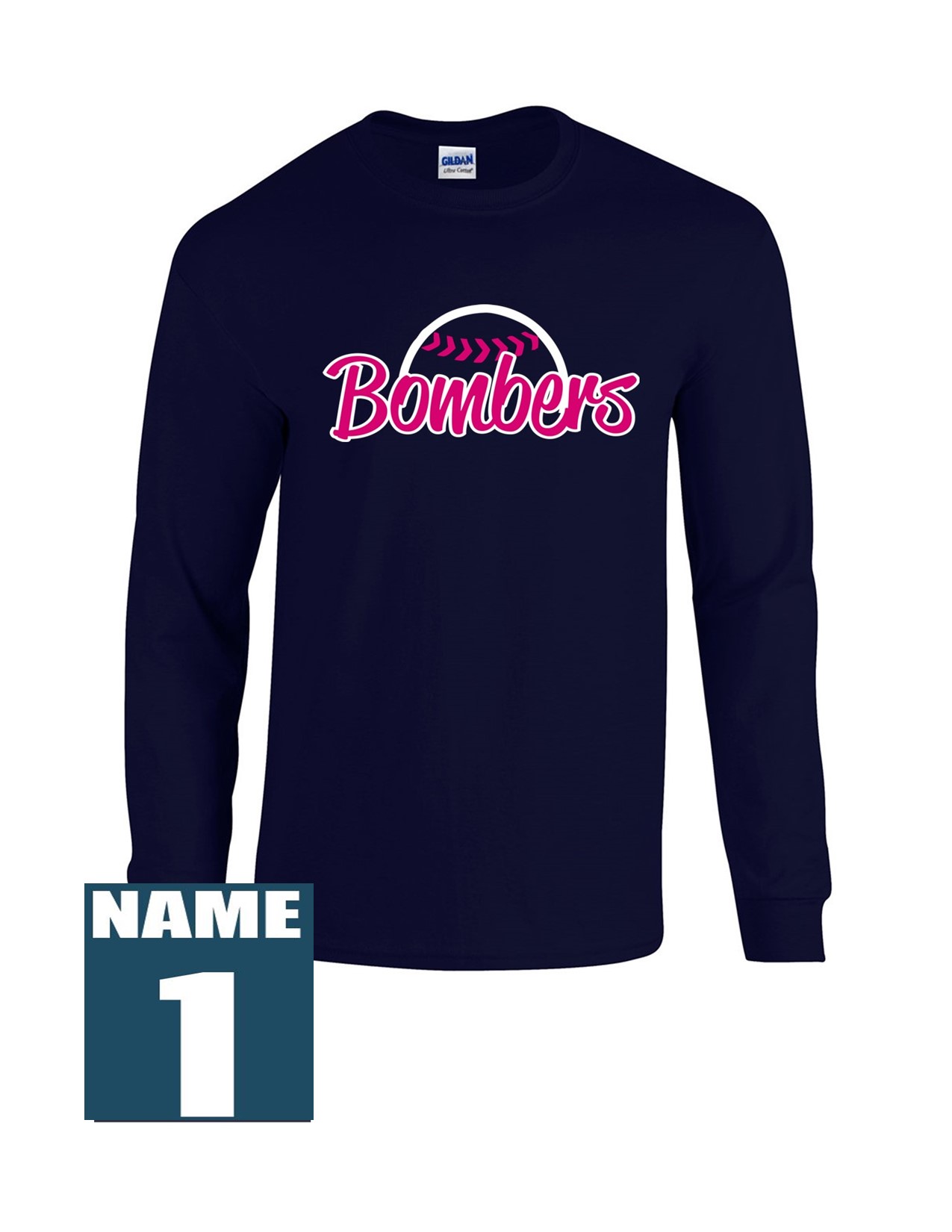 53e Gildan G540 ADULT Heavy Cotton 100% Long Sleeve Shirt with Ladies Bomber Front Print