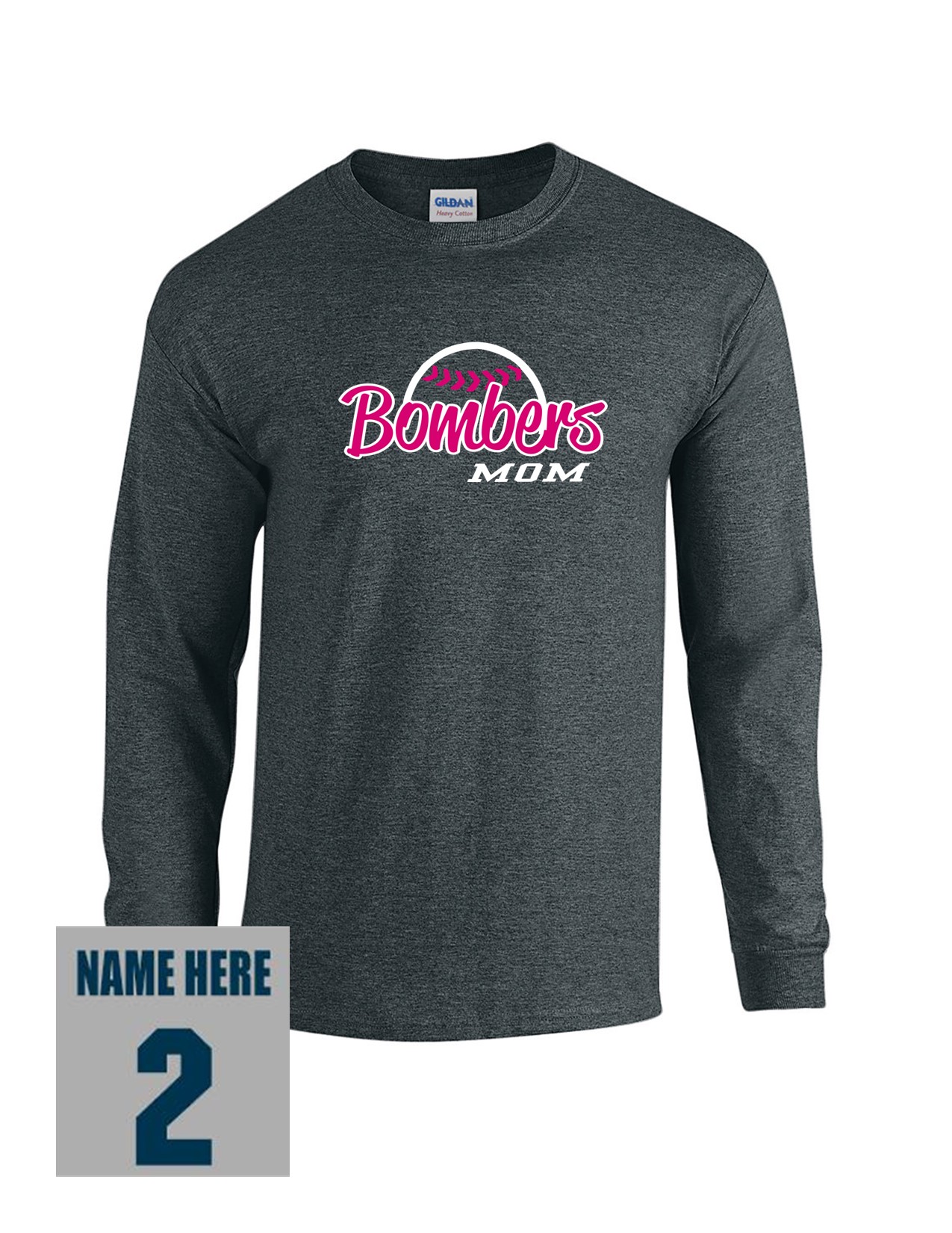 53f Gildan G540 ADULT Heavy Cotton 100% Long Sleeve Shirt with Mom's Bomber Front Print