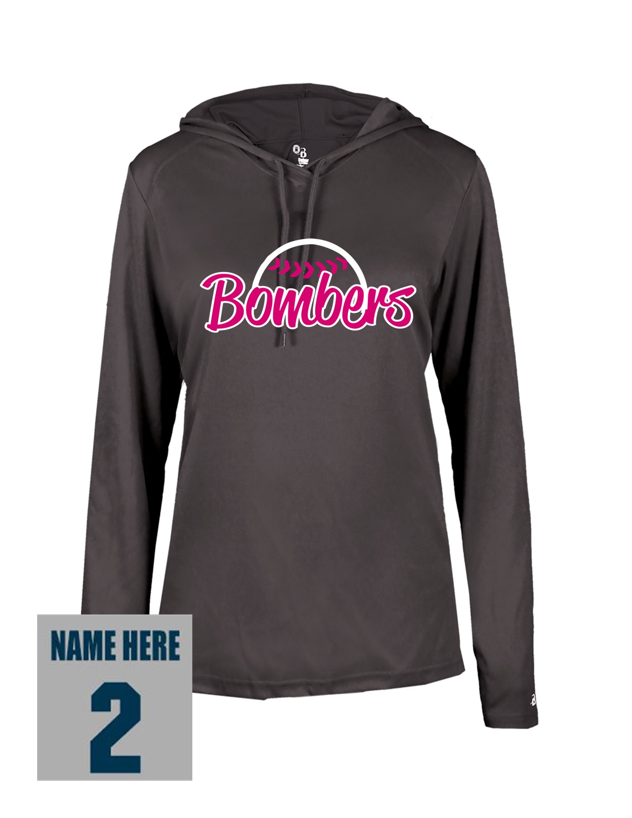 77e Badger 4165 Womens B-Core Performance 100% Poly Wicking Hooded Tee with Ladies Bomber Front Print