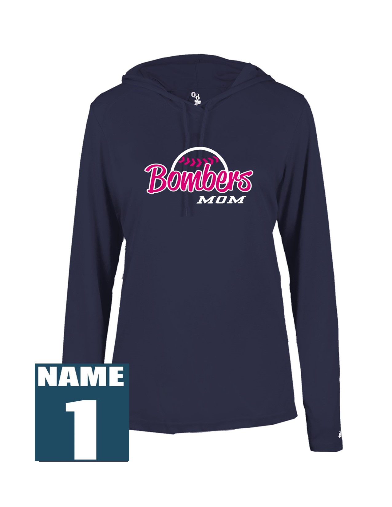 77f Badger 4165 Womens B-Core Performance 100% Poly Wicking Hooded Tee with Mom's Bomber Front Print