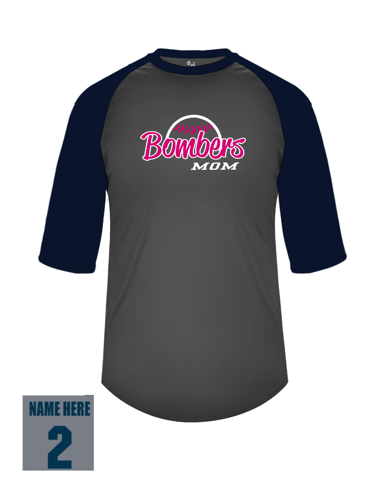 41f Badger 4133 Adult Baseball 3/4 Tee with Bombers Mom Logo