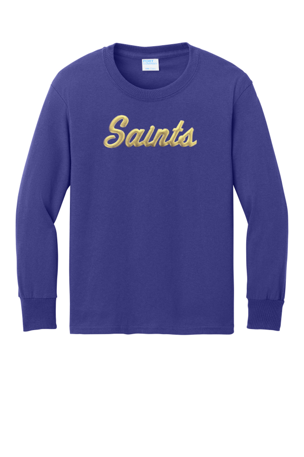Port & Co Youth Long Sleeve Core Cotton Tee. Saints Puff or Holy Trinity Gold