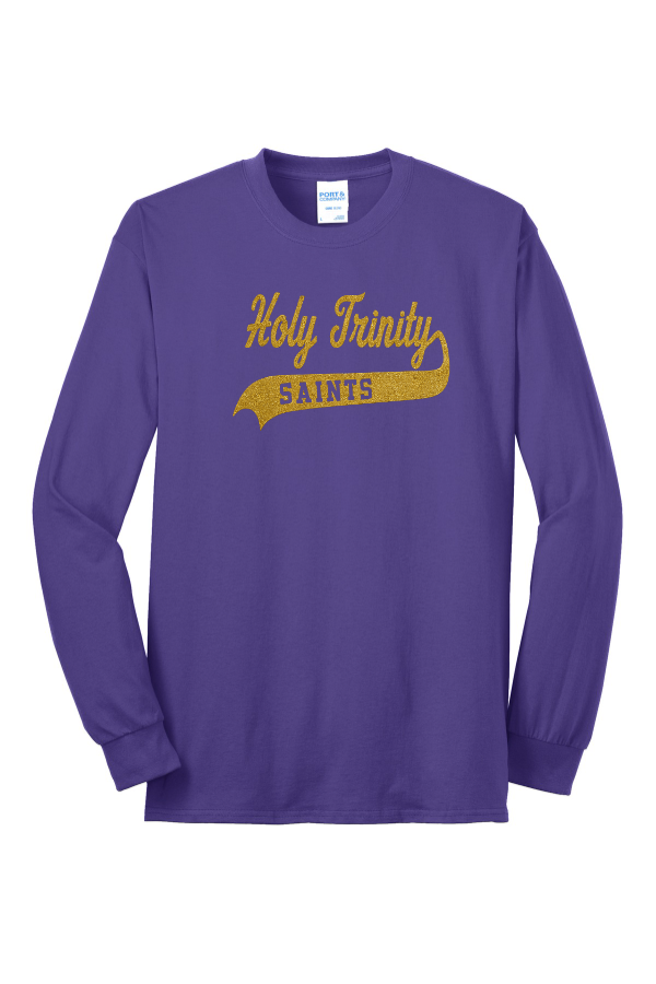 Port & Co Long Sleeve Core Blend Tee. Saints Puff or Holy Trinity Glitter