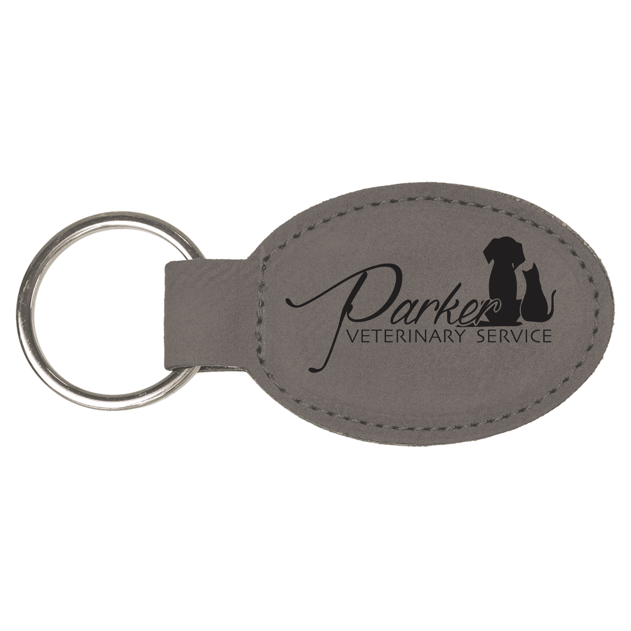 Engraved Gray Leatherette Oval Keychain